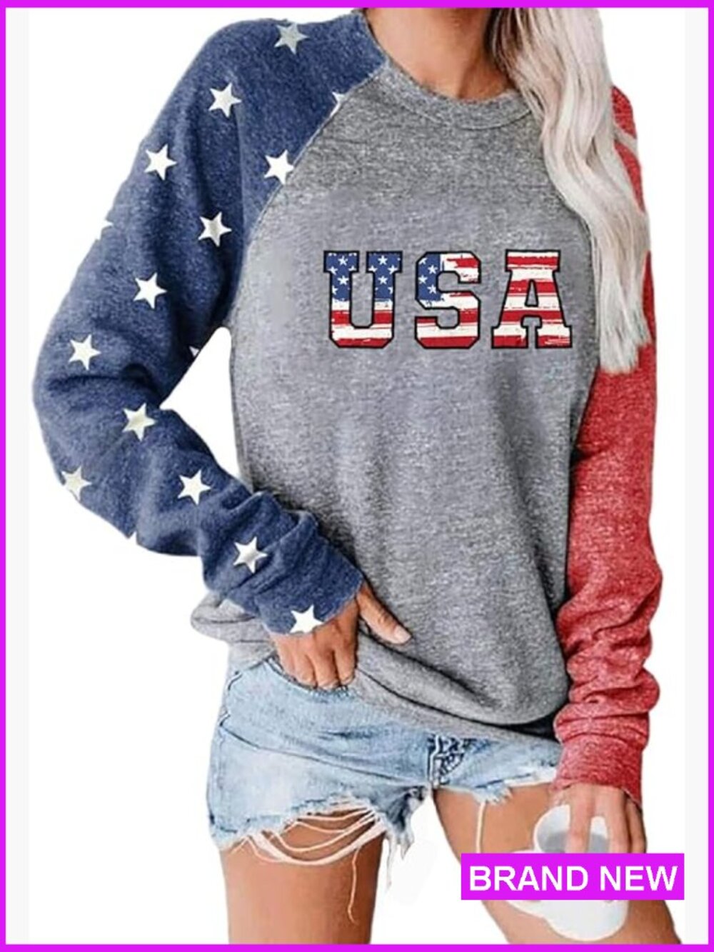 Star Print Colorblock Long Sleeve Pullover T-Shirt Loose Fit Casual Holiday Top
